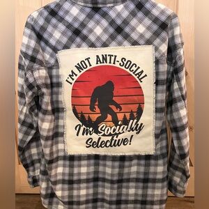 Handcrafted Sasquatch Big Foot Flannel Shirt w/“..Socially Selective” Panel. S.